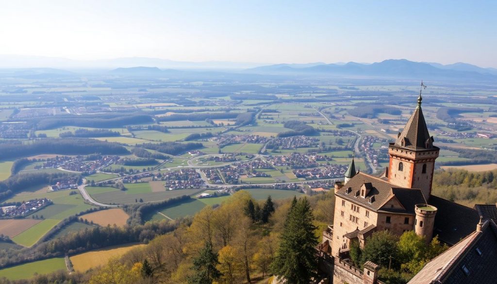 Panorama spectaculaire depuis le château du Haut-Koenigsbourg sur la plaine d'Alsace